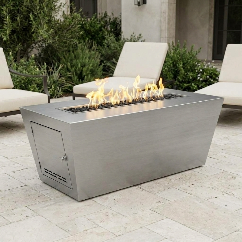The Outdoor Plus 84" Mesa Fire Pit — Stainless Steel — patio view