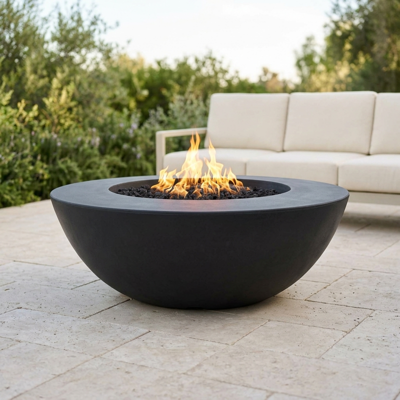 The Outdoor Plus 48" Sedona Fire Pit — Wide Ledge — GFRC — Low Voltage Electronic Ignition — patio view