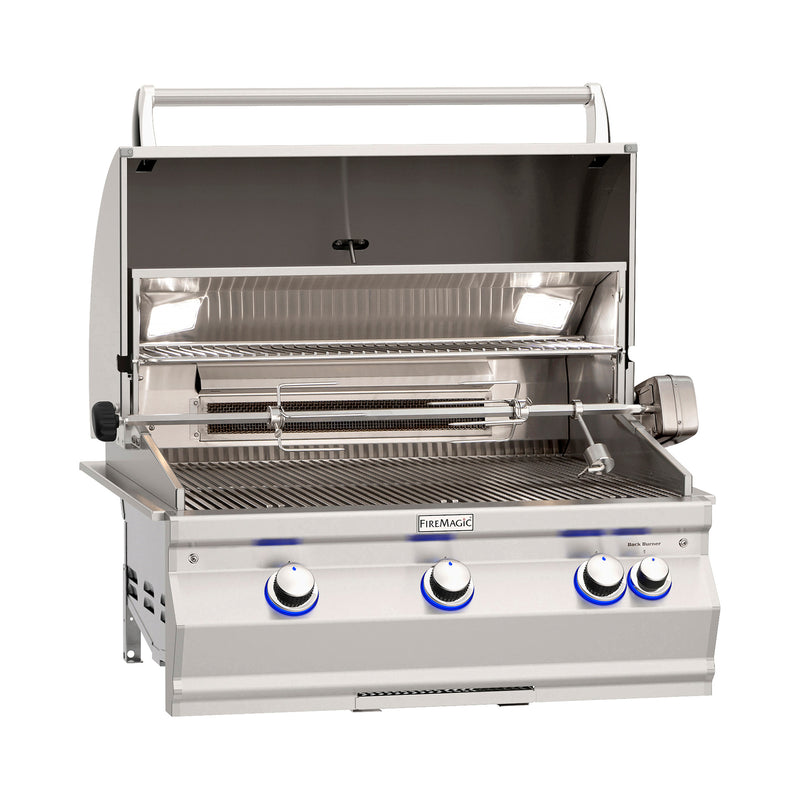 Fire Magic Aurora A660i Built-In Gas Grill — manufacturer view, solid hood, shown with rotisserie and standard burners