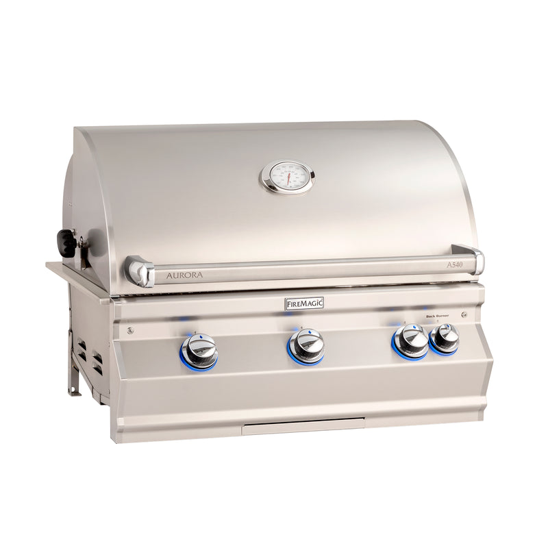 Fire Magic Aurora A540i Built-In Gas Grill — manufacturer view, solid hood, shown with rotisserie and standard burners