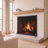 Distant room view of the Bar Iron fireplace screen by Stoll Industries — AI-assisted visualization