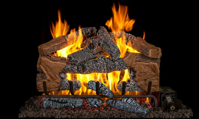 Real Fyre 18" Charred Cinder Split Vented Gas Log Set — original product reference. Arrangement and burner hardware vary by selected size and configuration.