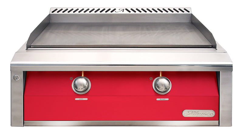 Alfresco 30-Inch Built-In Natural Gas Griddle — Raspberry Red Gloss — manufacturer front view