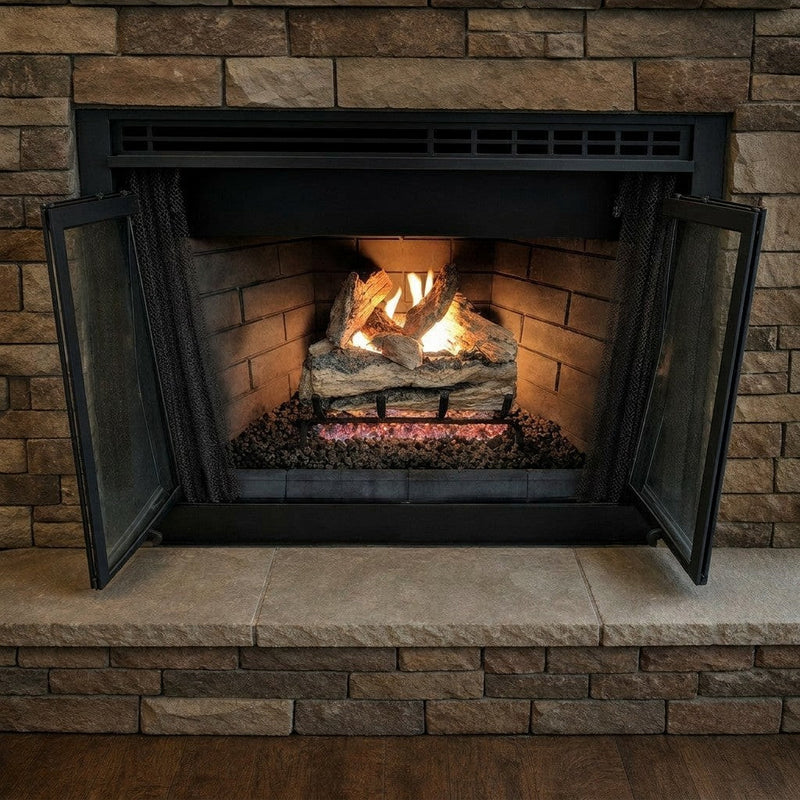 18" Split Oak hand-painted ceramic gas log set with ANSI-certified burner and realistic flame