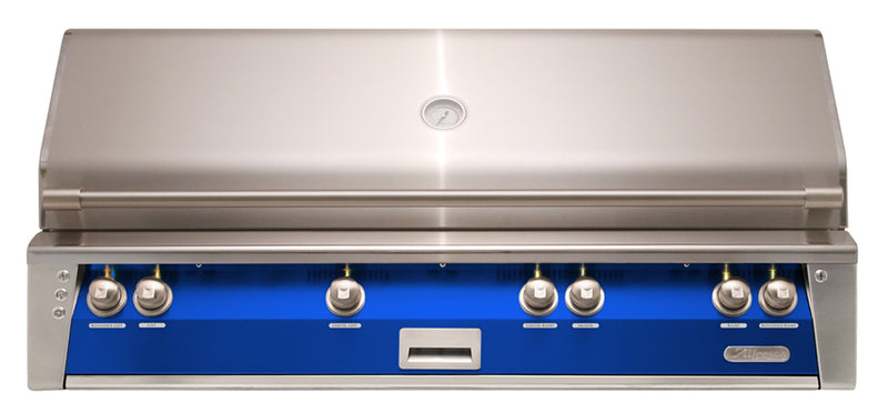 Alfresco ALXE 56-Inch Built-In Natural Gas Grill with Sear Zone — Ultramarine Blue Gloss — manufacturer front view