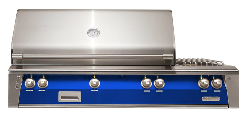 Alfresco ALXE 56-Inch Built-In Natural Gas Grill & Side Burners — Ultramarine Blue Gloss — manufacturer front view