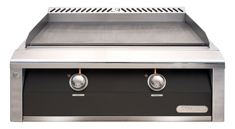 Alfresco 30-Inch Built-In Natural Gas Griddle — Jet Black Matte — manufacturer front view