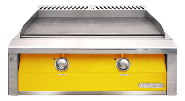 Alfresco 30-Inch Built-In Natural Gas Griddle — Traffic Yellow Gloss — manufacturer front view