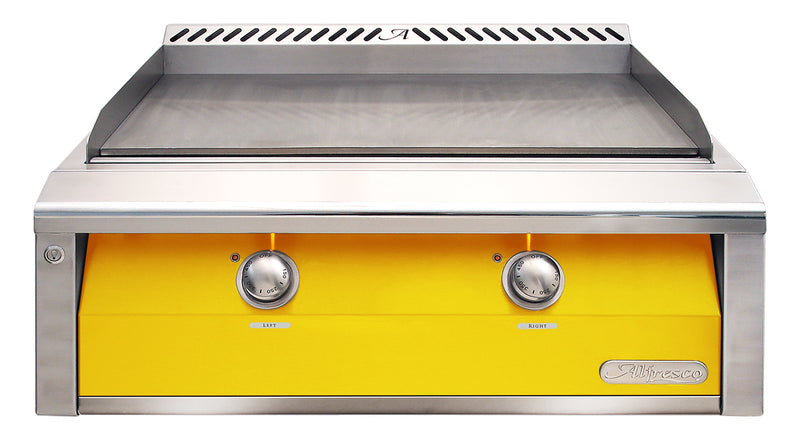 Alfresco 30-Inch Built-In Natural Gas Griddle — Traffic Yellow Gloss — manufacturer front view