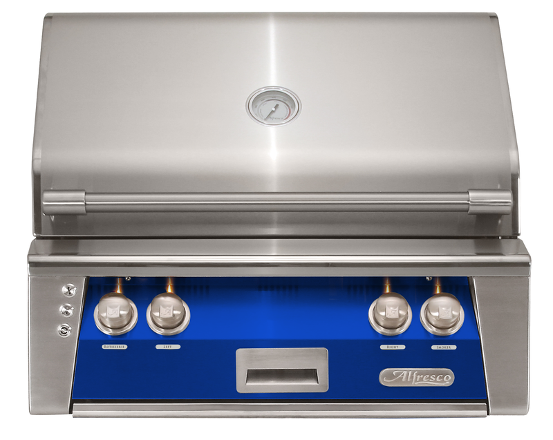 Alfresco ALXE 30-Inch Built-In Natural Gas Grill — Ultramarine Blue Gloss — manufacturer front view