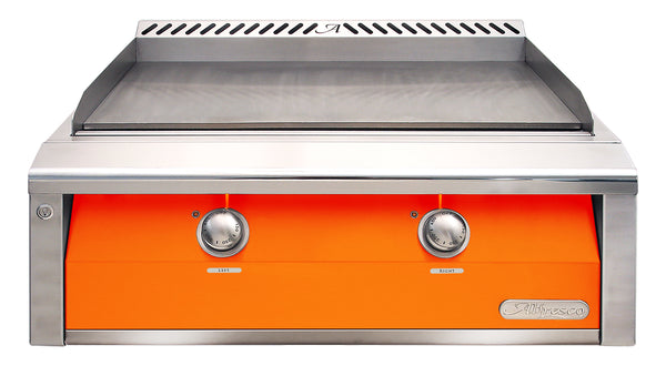 Alfresco 30-Inch Built-In Natural Gas Griddle — Luminous Orange Gloss — manufacturer front view