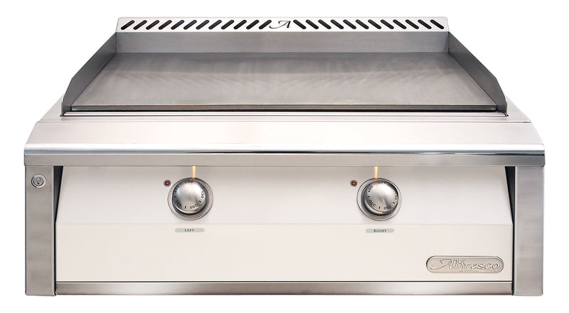 Alfresco 30-Inch Built-In Natural Gas Griddle — Signal White Matte — manufacturer front view