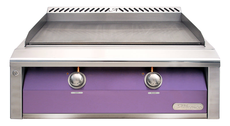 Alfresco 30-Inch Built-In Natural Gas Griddle — Lilac / Blue Lilac Gloss — manufacturer front view