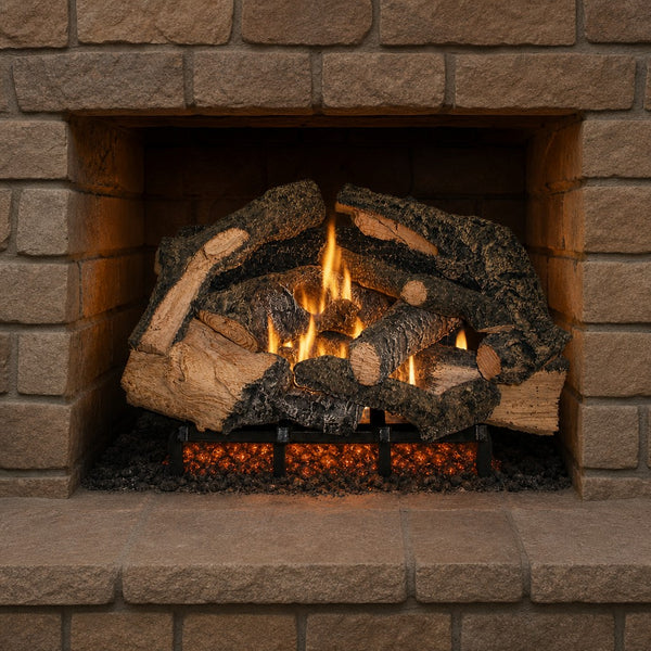 21" Rustic Timbers Vented Gas Log Set | Hargrove — lit with warm flame