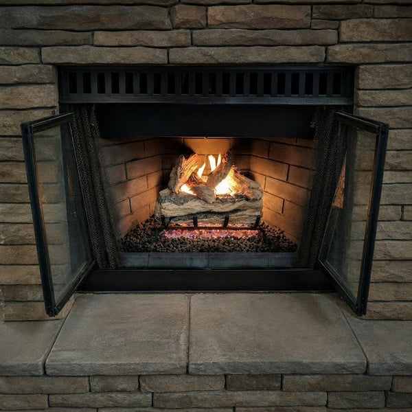 24 inch Split Oak Designer Plus ANSI vented gas log set with hand-painted ceramic logs and realistic flame