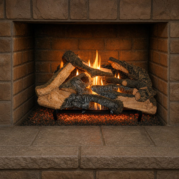 24" Rustic Timbers Vented Gas Log Set | Hargrove — lit with warm flame