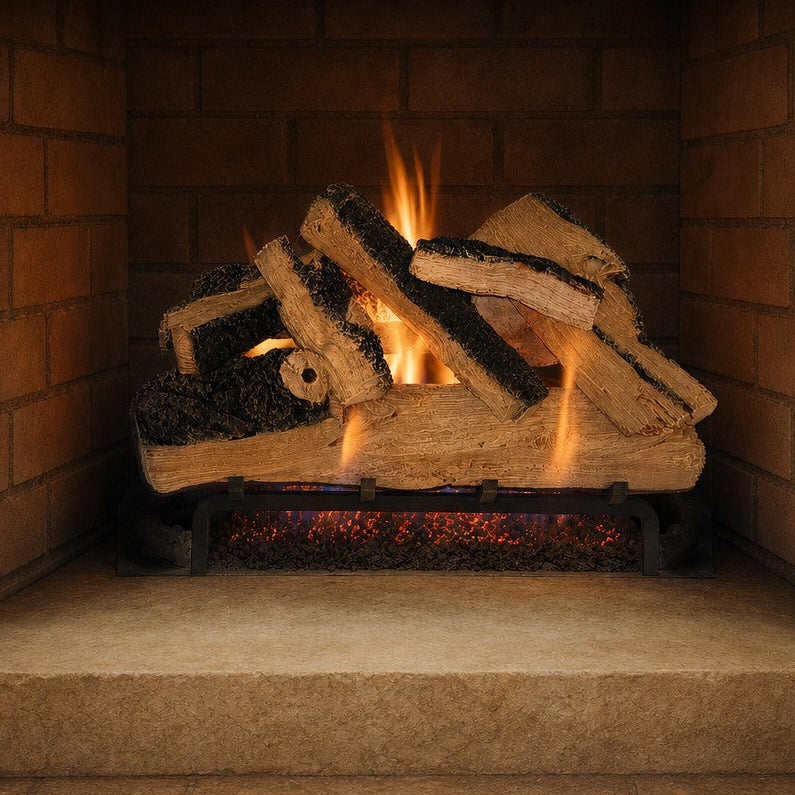 24" Western Pine Vented Gas Log Set | Hargrove — lit with warm flame
