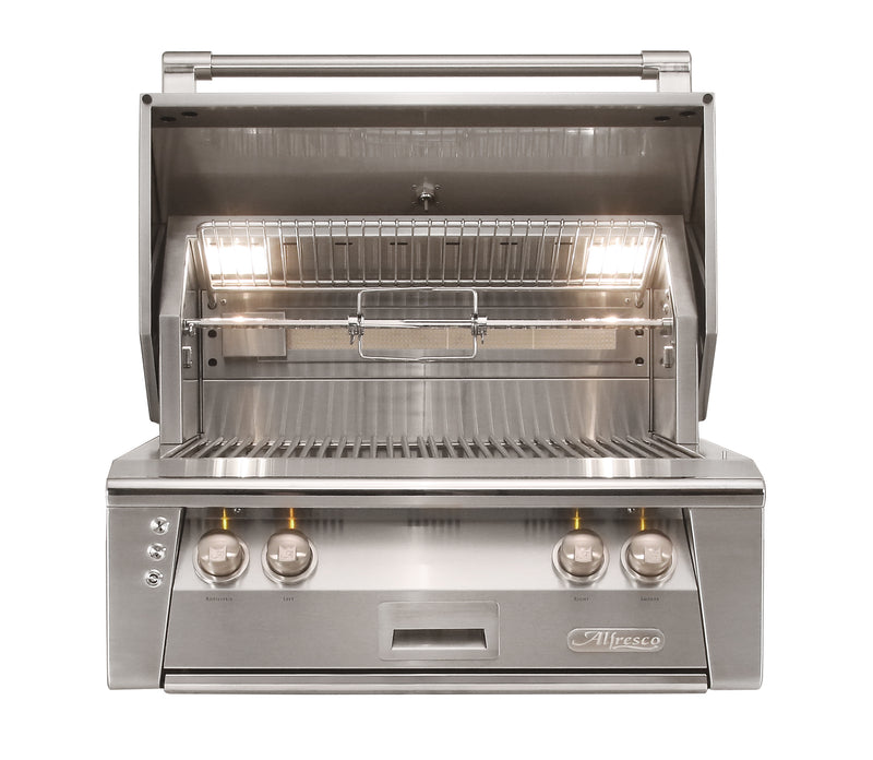 Alfresco ALXE 30-Inch Built-In Gas Grill with Sear Zone — 30 Built In Front View Open
