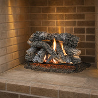 30" Canyon Timbers Vented Gas Log Set | Hargrove — 3/4 angle view with flame