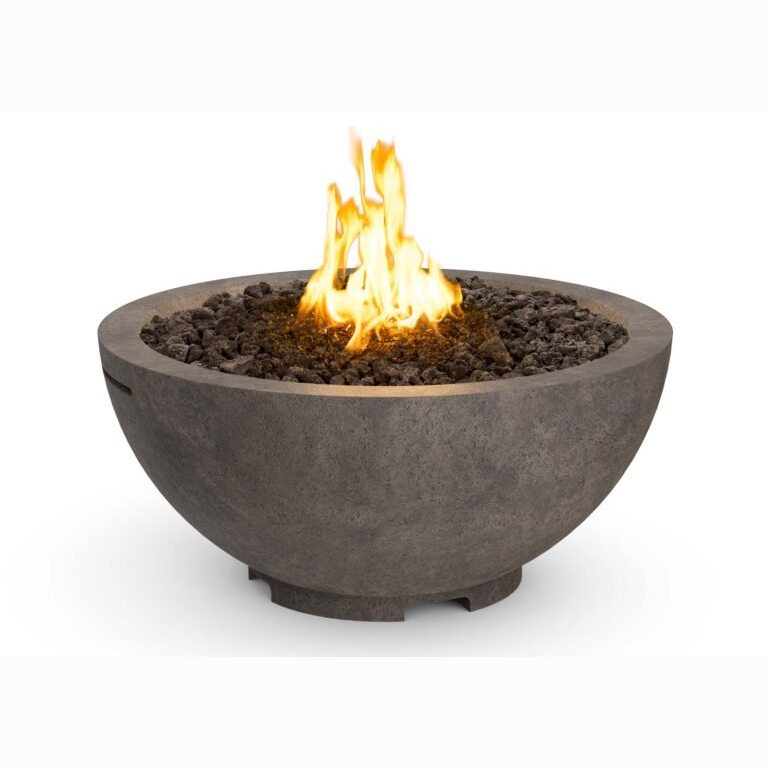 32-inch American Fyre Designs contemporary concrete fire bowl for outdoor use with stainless steel burner and natural gas or propane fuel options
