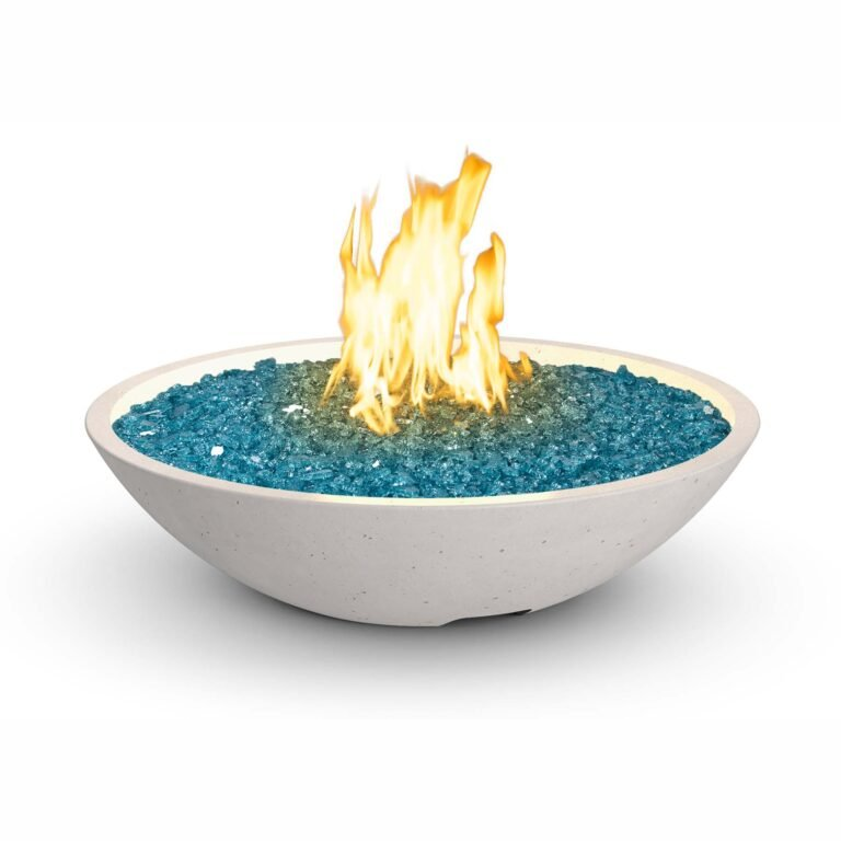 32″ Marseille Fire Bowl white aspen glass fiber reinforced concrete with stainless steel star burner outdoors
