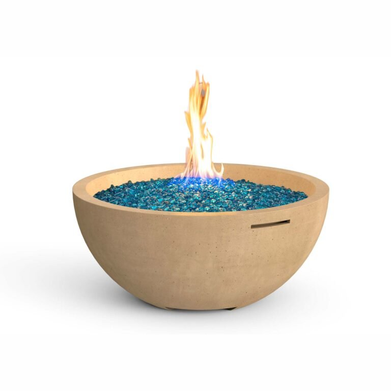 36-inch modern fire bowl with stainless steel burner and glass fiber reinforced concrete design