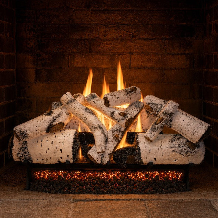 36" Aspen Timbers Vented Gas Log Set | Hargrove — lit with warm flame