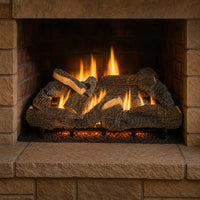 36" Cross Timbers Vented Gas Log Set | Hargrove — lit with warm flame