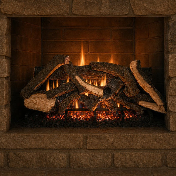 36" Rustic Timbers Vented Gas Log Set | Hargrove — lit with warm flame