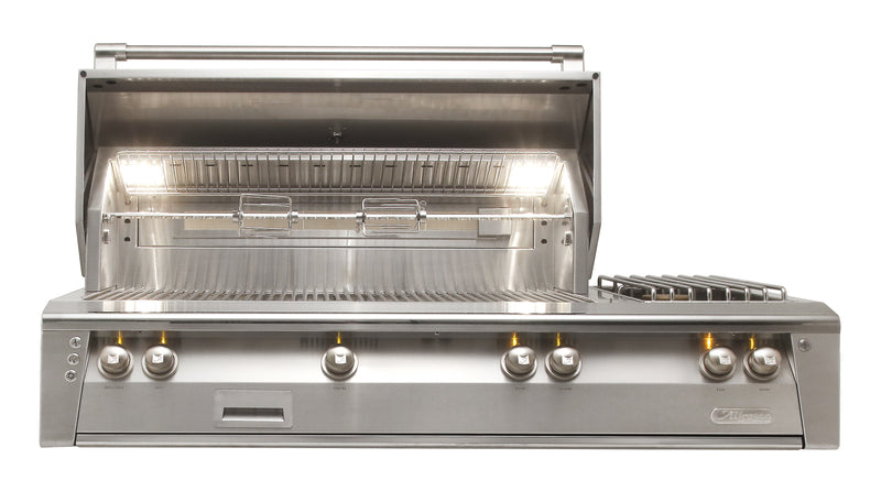 Alfresco ALXE 56-Inch Built-In Gas Grill & Side Burners — 56 Deluxe Built In Front View Open