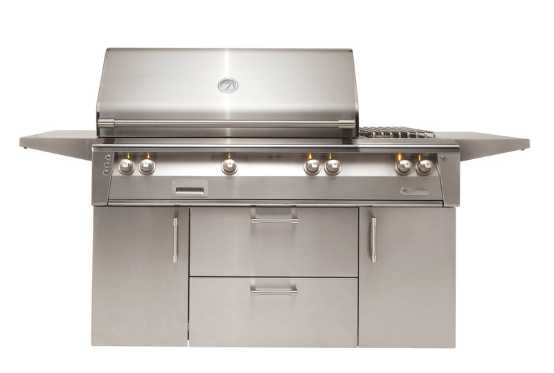 Alfresco ALXE 56-Inch Freestanding Gas Grill with Sear Zone & Side Burners — 56 Deluxe Cart Front View Closed