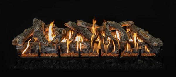 60-inch Arizona Weathered Oak vented gas log set with realistic hand-painted logs and Kiva burner flames