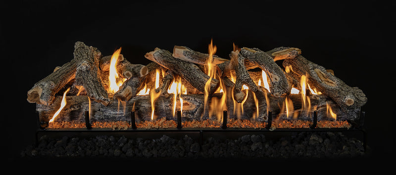 60-inch Arizona Weathered Oak vented gas log set with realistic hand-painted logs and Kiva burner flames