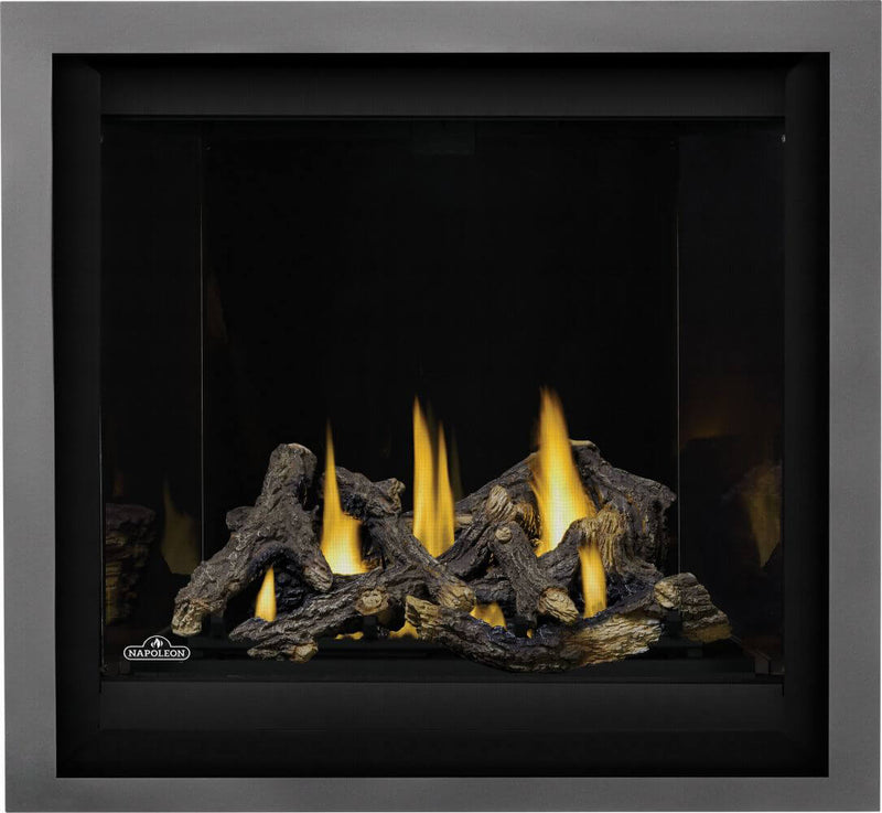 Napoleon Altitude X 36 direct vent gas fireplace product shot with oak log kit and gunmetal finish trim