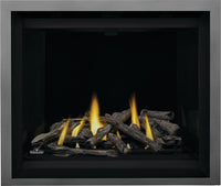 Napoleon Altitude X 42 direct vent gas fireplace product shot with driftwood log kit and gunmetal finish trim
