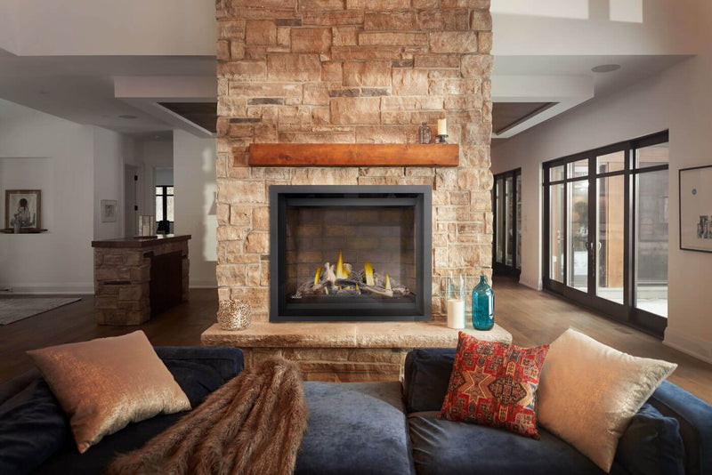 Napoleon Altitude X 42 gas fireplace lifestyle shot in living room with oak logs