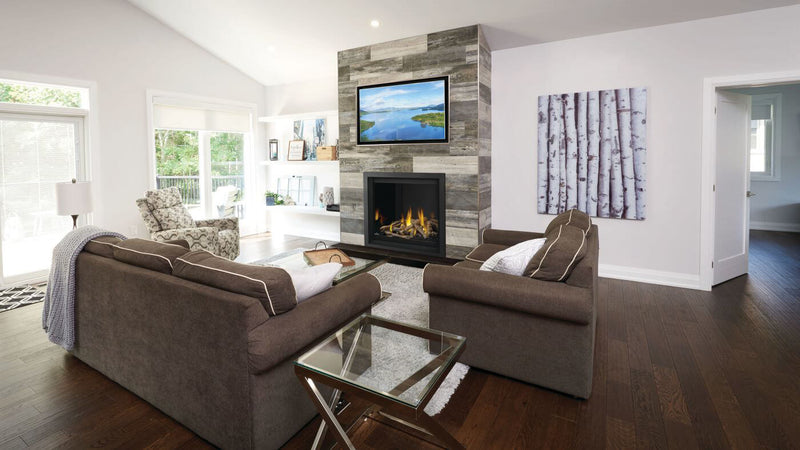 Napoleon Altitude X 42 gas fireplace lifestyle shot with driftwood logs