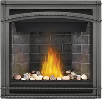 Napoleon Ascent 36 gas fireplace product shot with Westminster panels, wrought iron front and mineral rock media