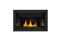 Napoleon Ascent Linear 36 direct vent gas fireplace product shot with black glass beads and premium surround