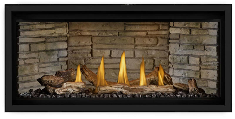 Napoleon Ascent Linear Premium 42 direct vent gas fireplace product shot with driftwood logs and night light