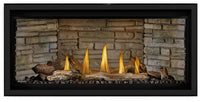 Napoleon Ascent Linear Premium 42 direct vent gas fireplace product shot with driftwood logs and night light