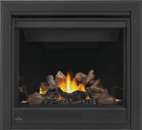 Napoleon Ascent X 36 direct vent gas fireplace product shot with oak logs and night light