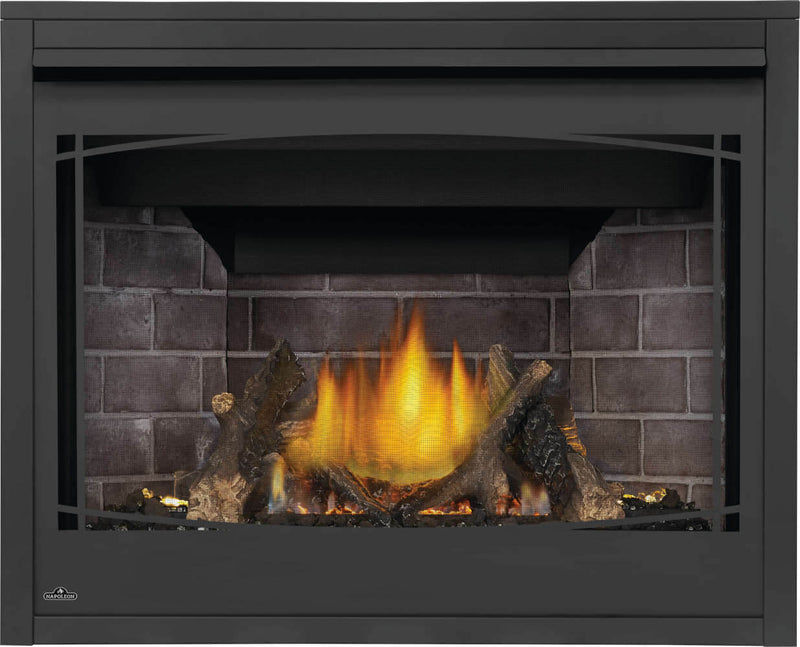 Napoleon Ascent X 42 gas fireplace product shot with oak logs, Zen front and Westminster stacked panels