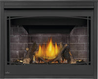 Napoleon Ascent X 42 gas fireplace product shot with oak logs, Zen front and Westminster stacked panels