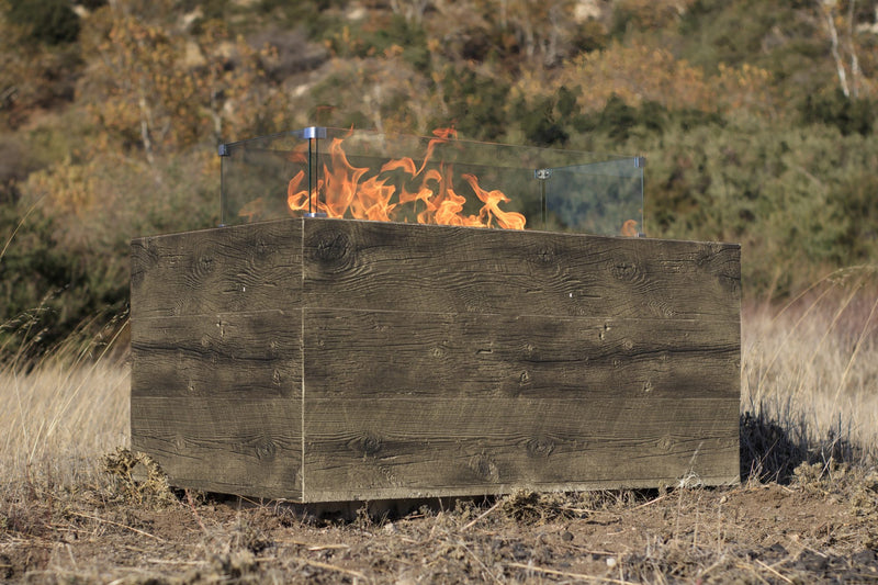 120" Rectangular Catalina Fire Pit – Wood Grain GFRC Concrete, Oak, 110V Plug & Play, Natural Gas