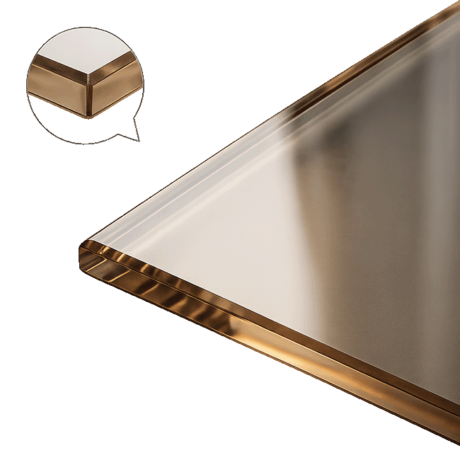CERAMIC GLASS fireplace panel with a clear reflective surface and polished bronze-toned beveled edges.
