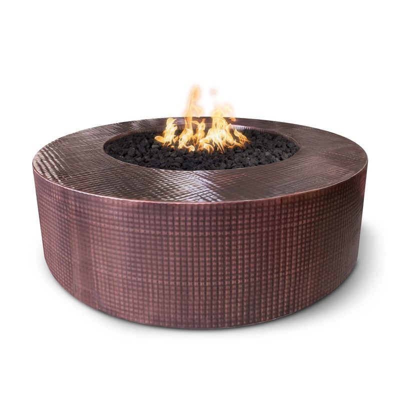 The Outdoor Plus Unity 60" Round Hammered Copper Fire Pit – 18" Tall – 110V Plug & Play Electronic Ignition – Natural Gas