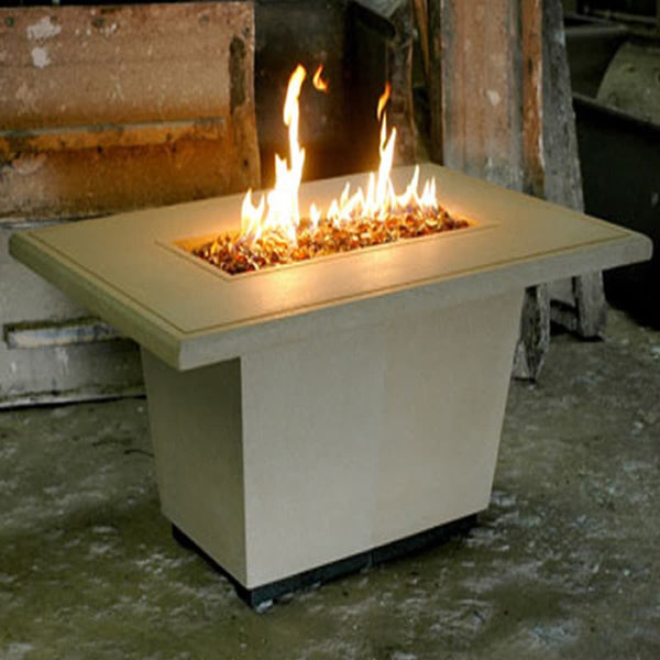 Cosmopolitan 54-inch rectangle gas fire pit table with concrete finish and fire glass for outdoor patios