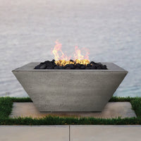 Lombard 40 inch square concrete fire pit table by Prism Hardscapes with lava rock burning display and customizable color options