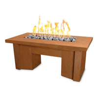 Alameda Rectangle Corten Steel fire pit table with lava rock on outdoor patio